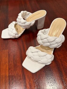 White Braided Double-Strap Block Heel Mules by